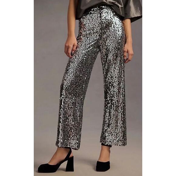 Maeve Anthropologie Colette Cropped Wide-Leg Sequin Pants Silver Size 32 Party - Picture 1 of 11